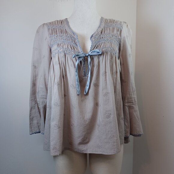 Odd Molly Top Gray Embroidered Boho Peasant Style Cotton Blouse Size Small - Picture 2 of 11